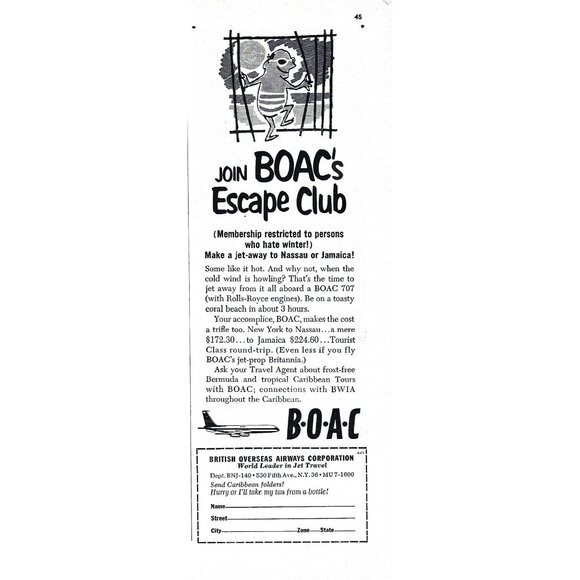 Vintage 1960s BOAC British Airways Escape Club Travel Advertisement Print - Picture 1 of 2